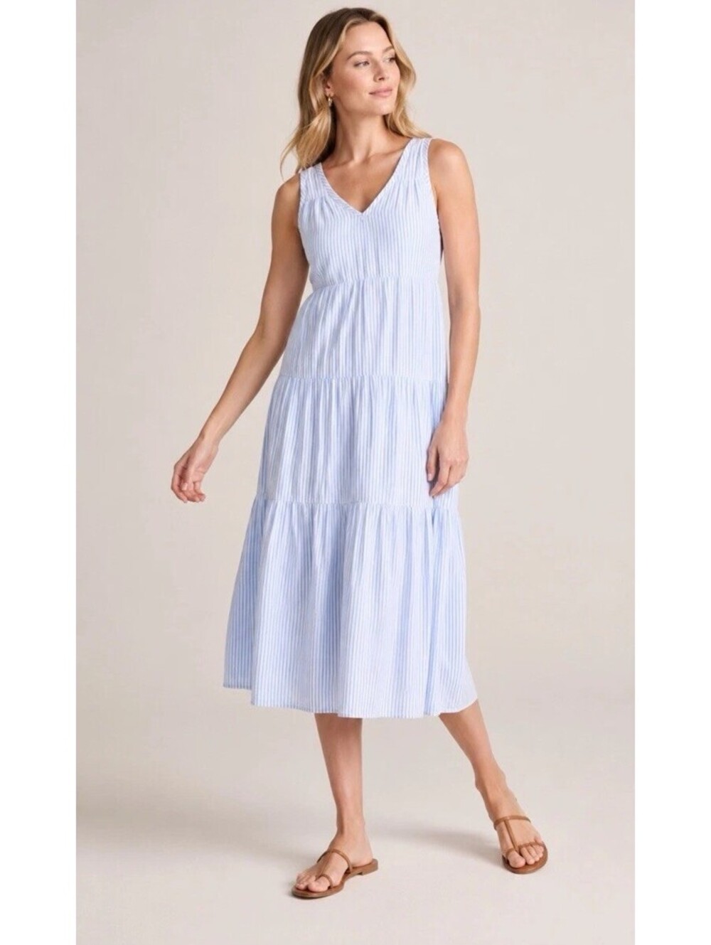Quince 100% Organic Cotton Gauze Tiered Maxi Dress Size XS Blue Pinstripe